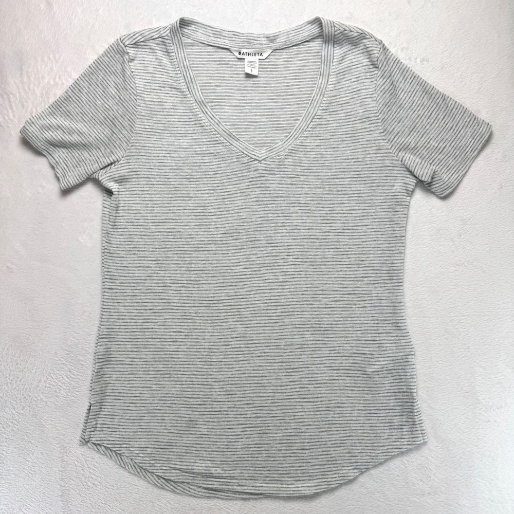 Athleta Womens Grey White Striped V-Neck Short Sleeve T-Shirt Size S ‎ Modal